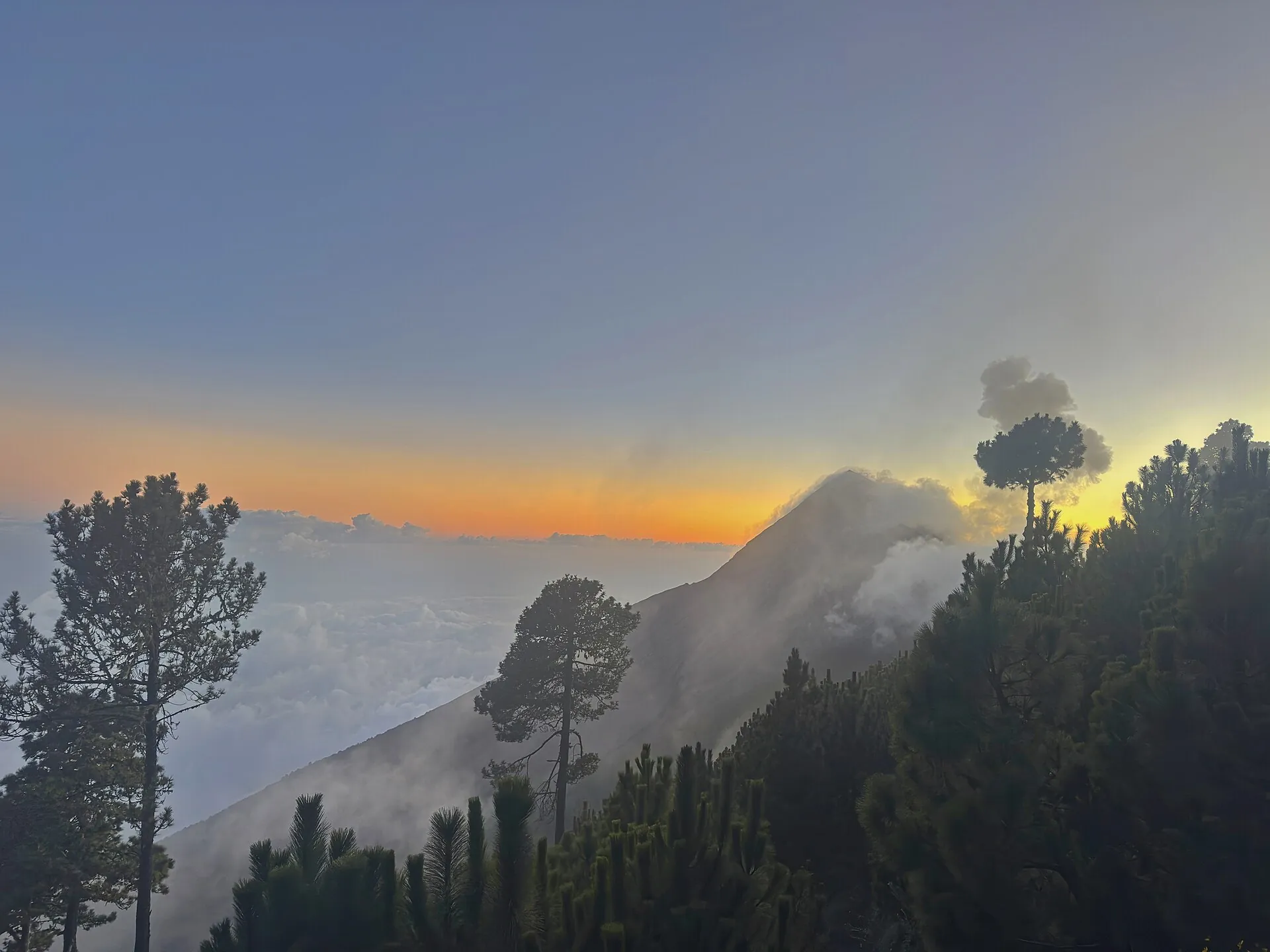 Dusk on Acatenango: an orange horizon above a sea of clouds, Volcán de Fuego puffing ash, pine trees in silhouette