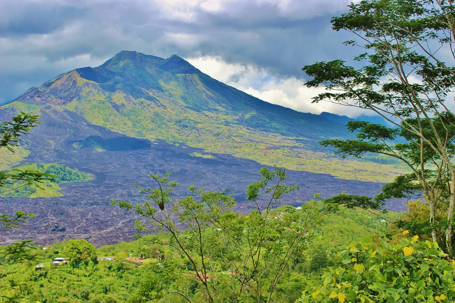 The cone of Mount Batur by day from the west: green slopes above the broad black lava field of 1963, with trees in the foreground