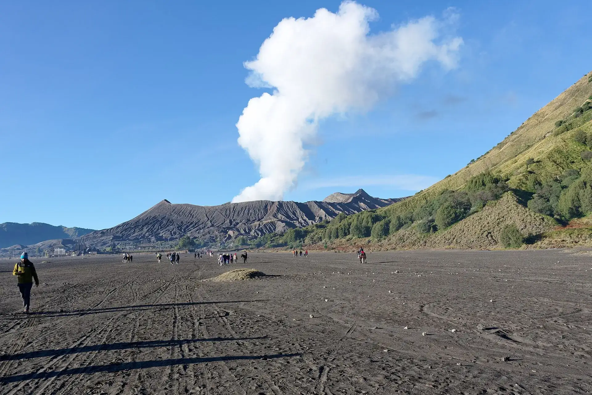 Hikers in the gray Sea of Sand of the Tengger Caldera by day, a white steam cloud hanging over Bromo's crater