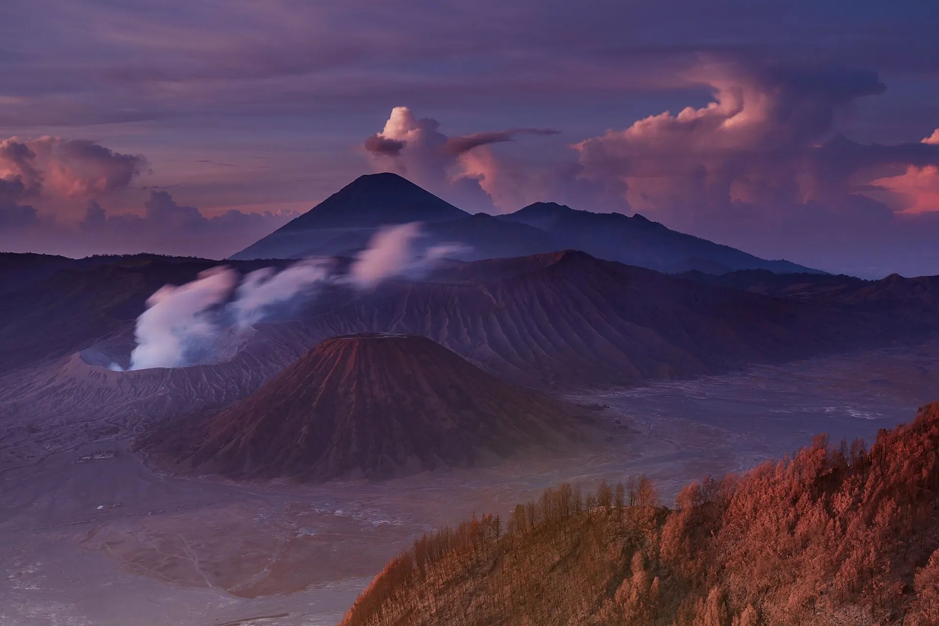 Sunrise over the Tengger Caldera: the smoking crater of Bromo, the ribbed cone of Batok in front of it, Semeru with an ash cloud on the horizon