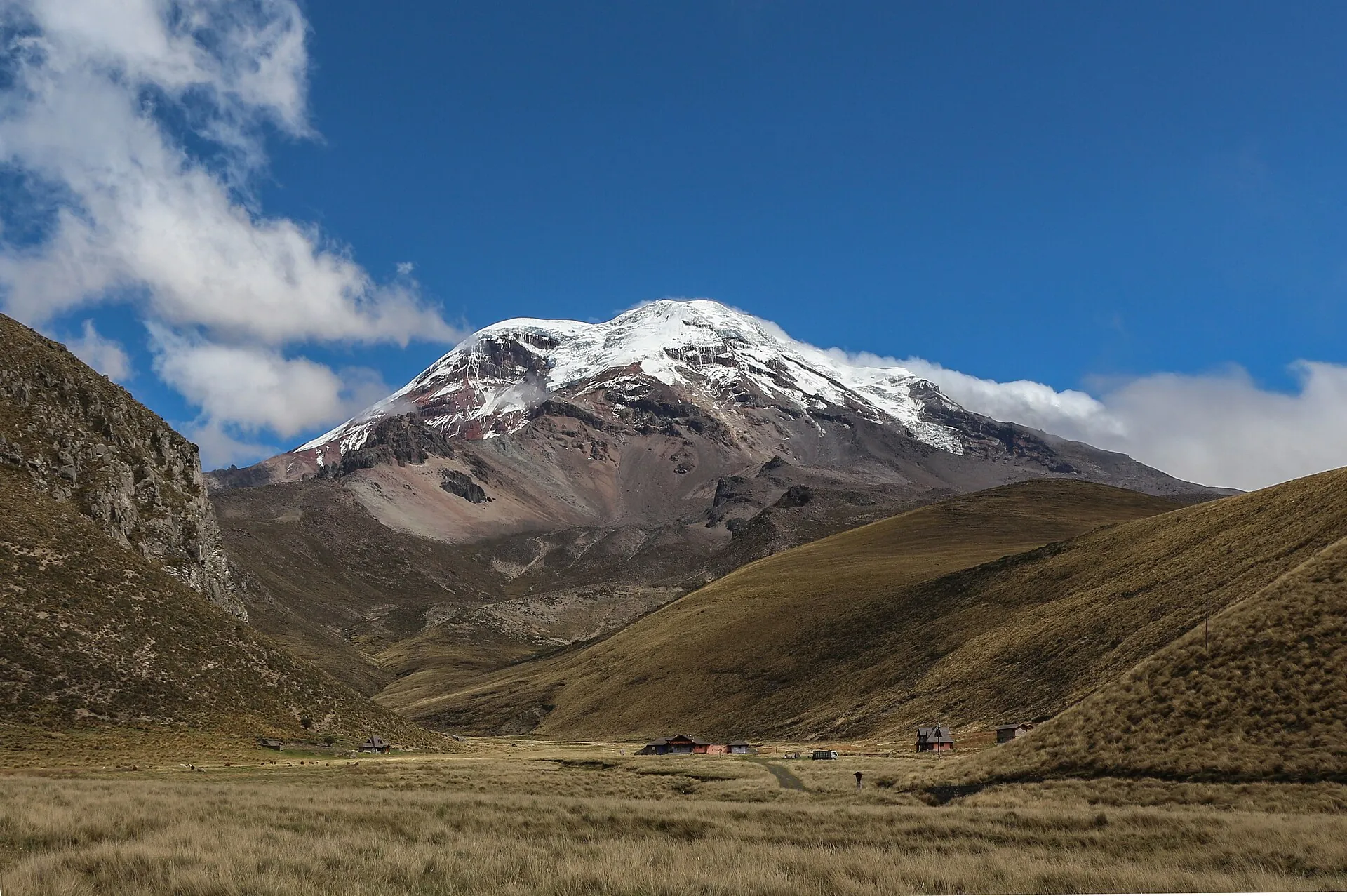 Die Hochebene El Arenal mit Páramo-Gras und der Zufahrt zum Chimborazo, der Gipfel im Hintergrund