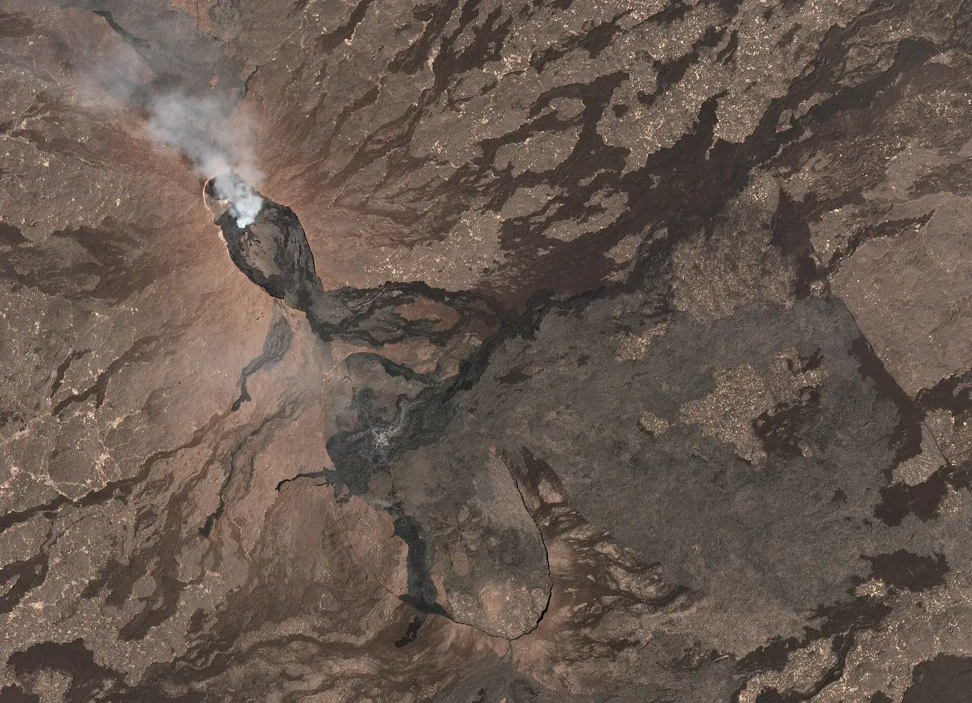 Satellite view of Erta Ale from above: a white steam plume rises from the north crater and dark lava flows run south