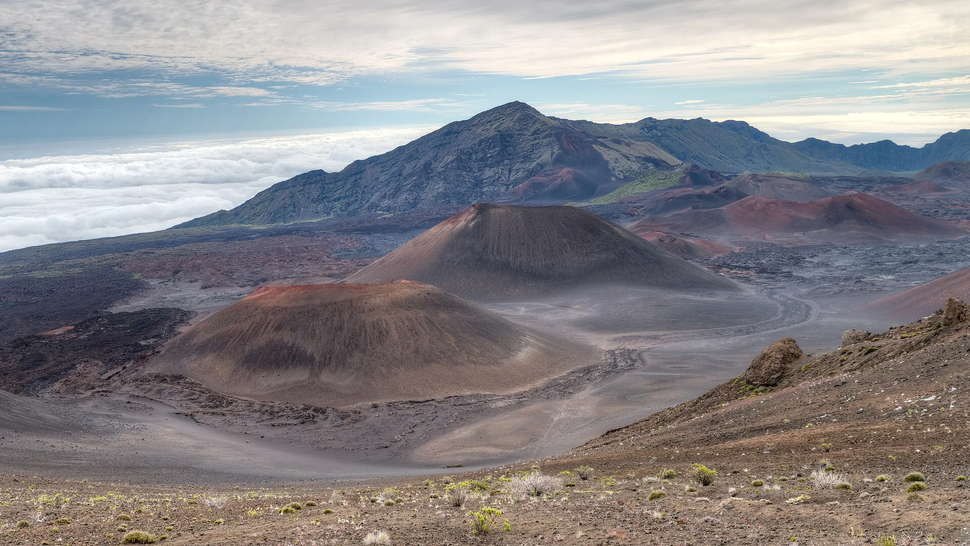 The Haleakalā crater by day: red-brown and gray cinder cones in a wide landscape of ash, clouds behind
