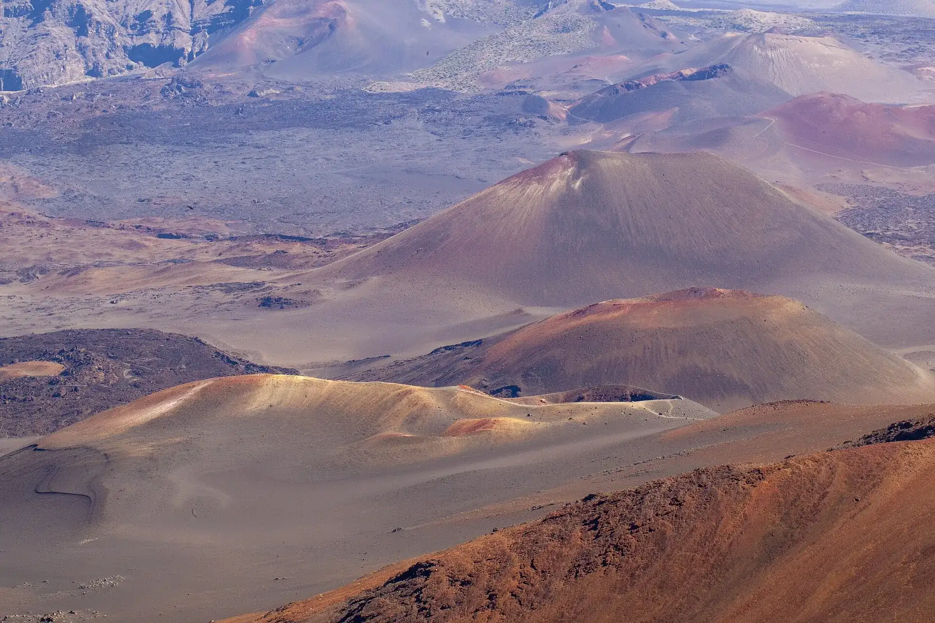 Cinder cones in the Haleakalā crater in shades of red, ocher and gray, seen from above