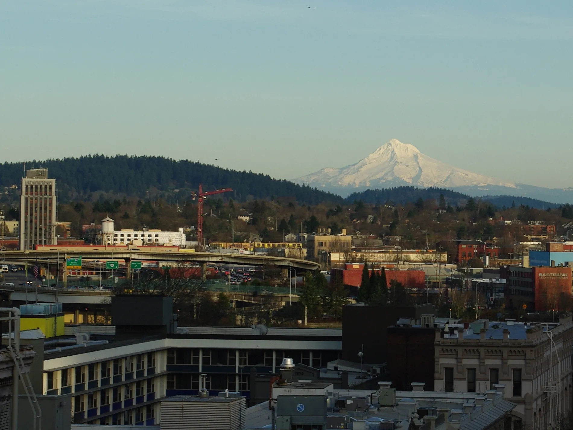 Mount Hood als weiße Spitze über den Dächern der Innenstadt von Portland, im Vordergrund Hausdächer, eine Hochstraße und bewaldete Hügel