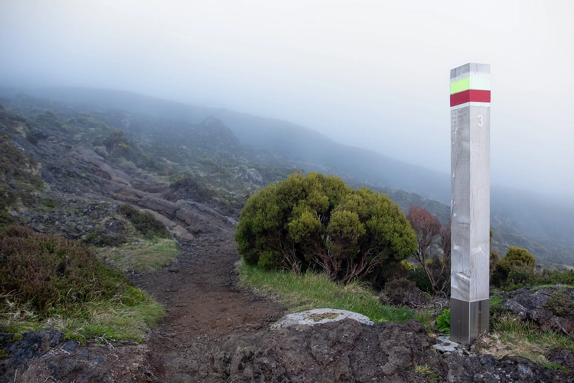 Markierungspfosten Nummer 3 mit rot-gelber Markierung am Aufstiegsweg auf den Pico, der Pfad verschwindet dahinter im Nebel