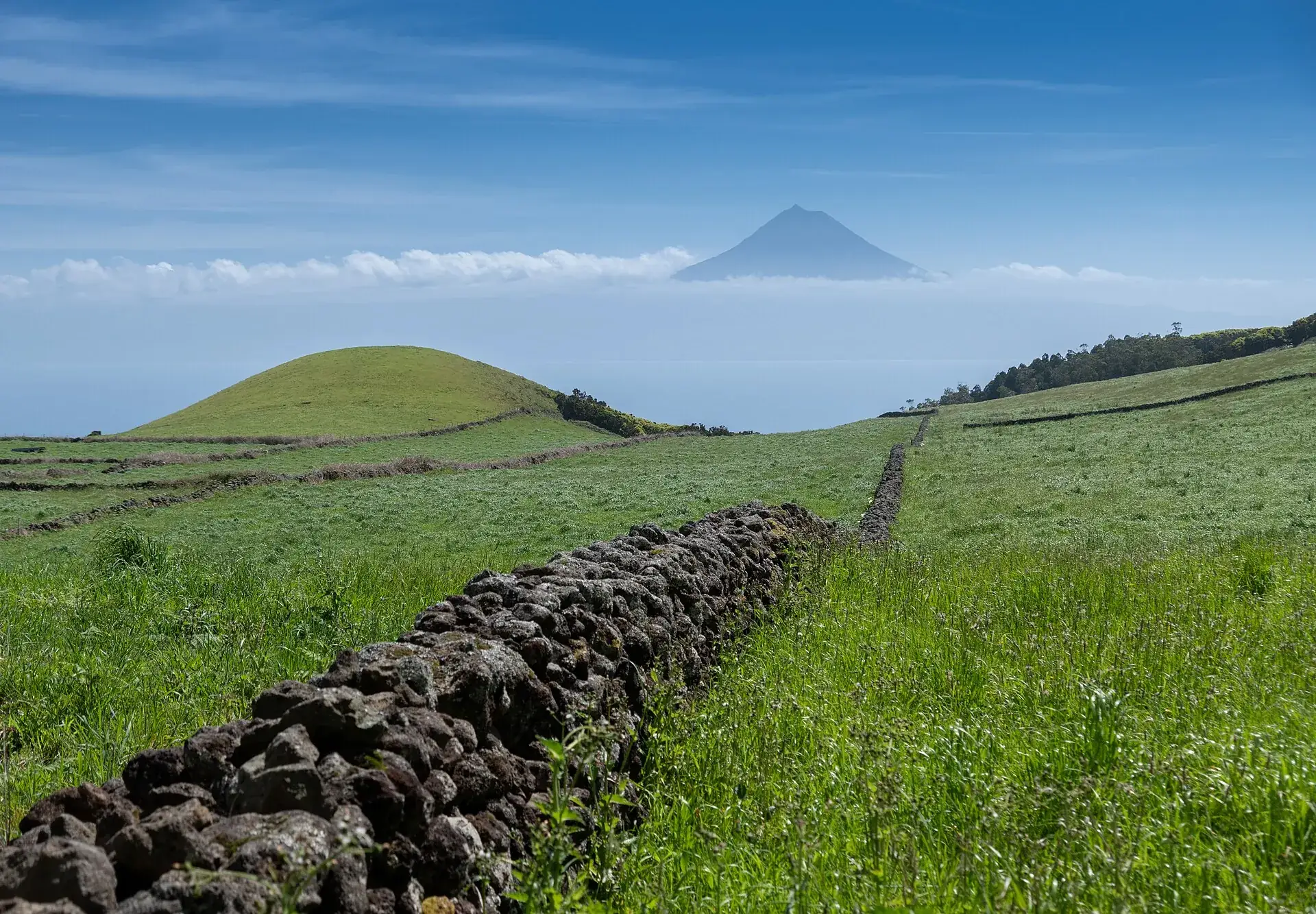 Der Vulkankegel der Montanha do Pico über dem Atlantik, gesehen von der Nachbarinsel São Jorge, Azoren