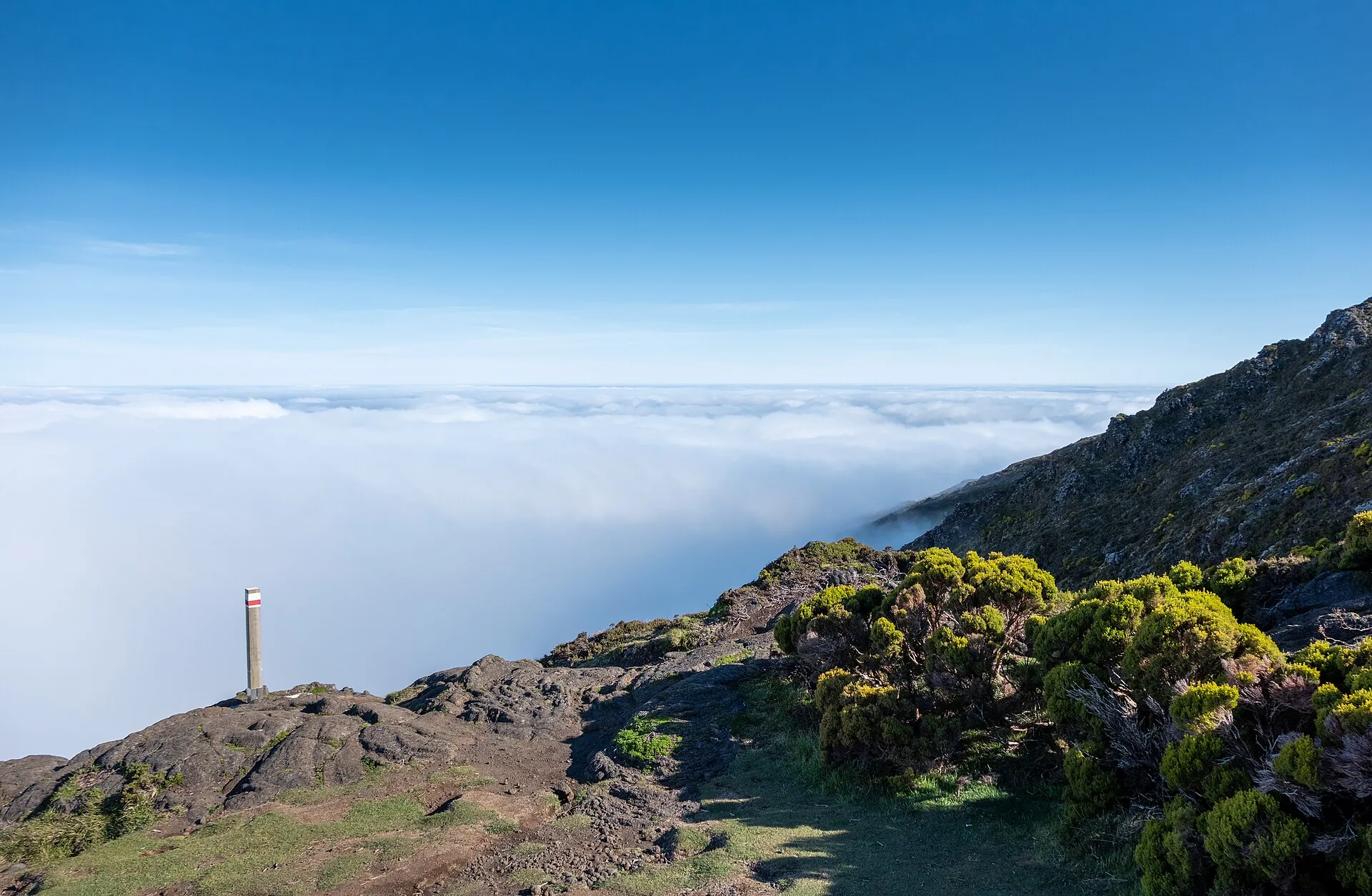 Der Aufstiegsweg auf den Pico über der geschlossenen Wolkendecke, ein Markierungspfosten am Rand, darunter das Wolkenmeer