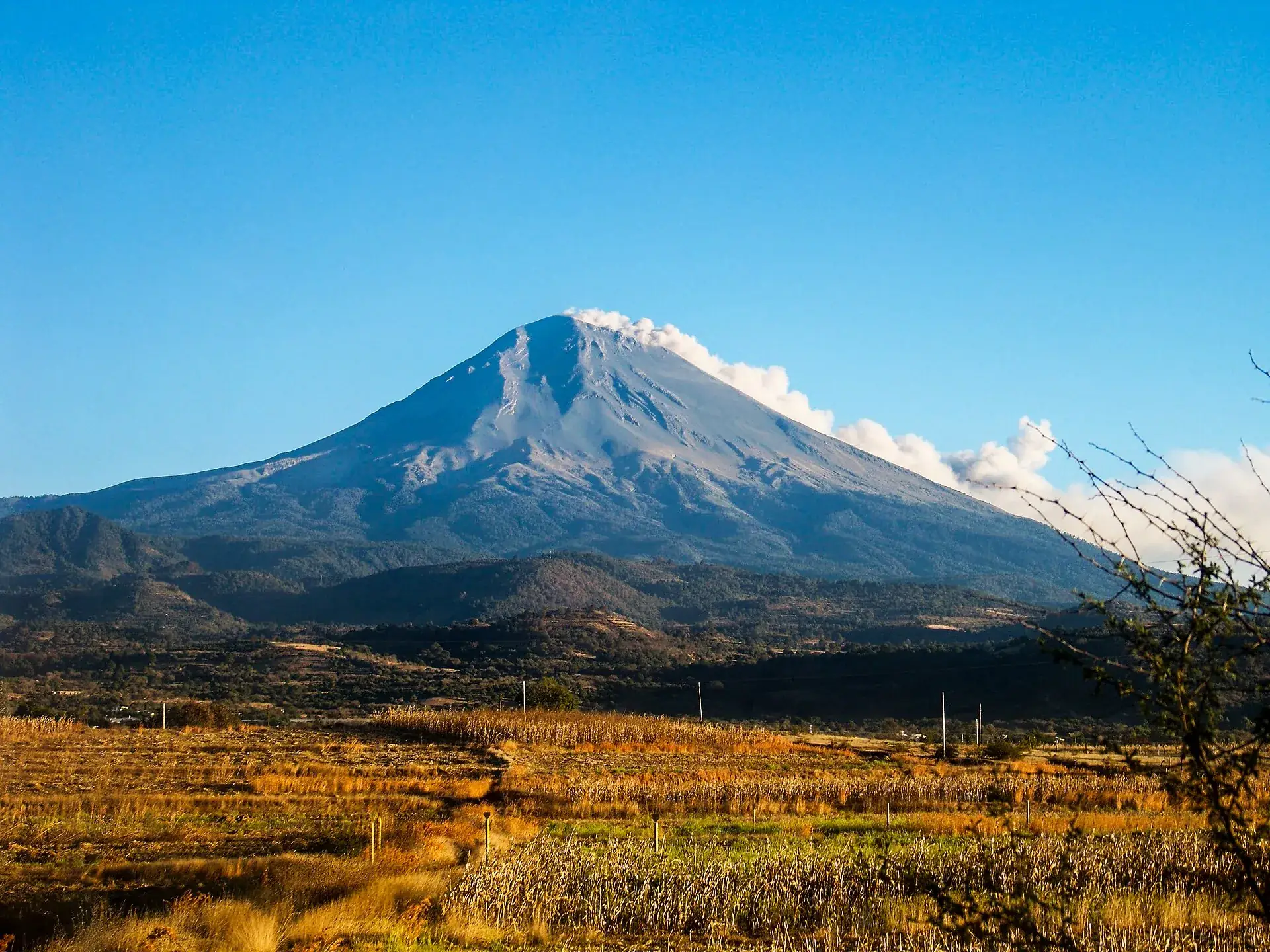 Der Popocatépetl mit Aschefahne über herbstlichen Feldern bei Metepec, Puebla, unter blauem Himmel