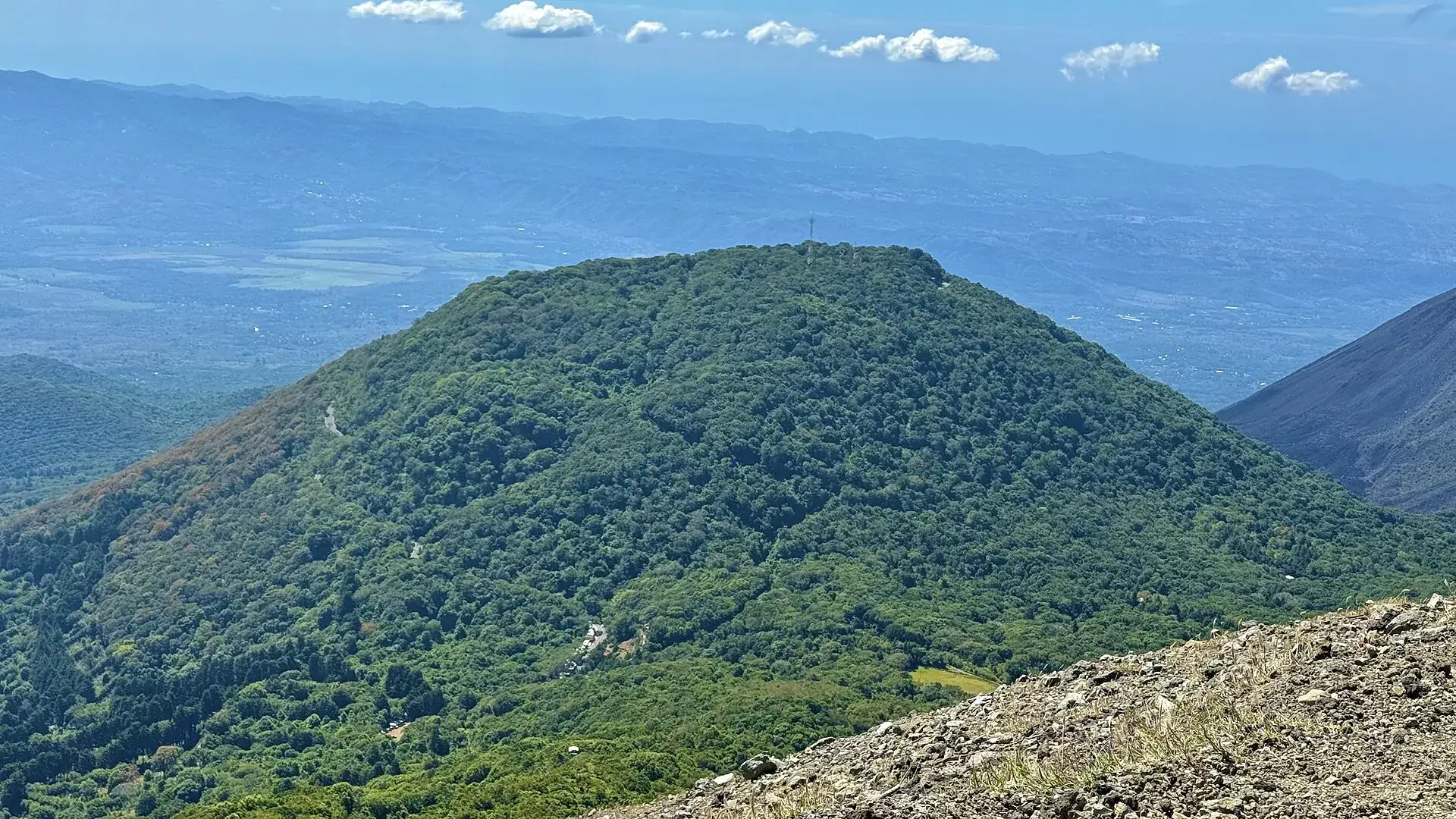 View down from Santa Ana Volcano onto the forested Cerro Verde, gray volcanic scree in the foreground