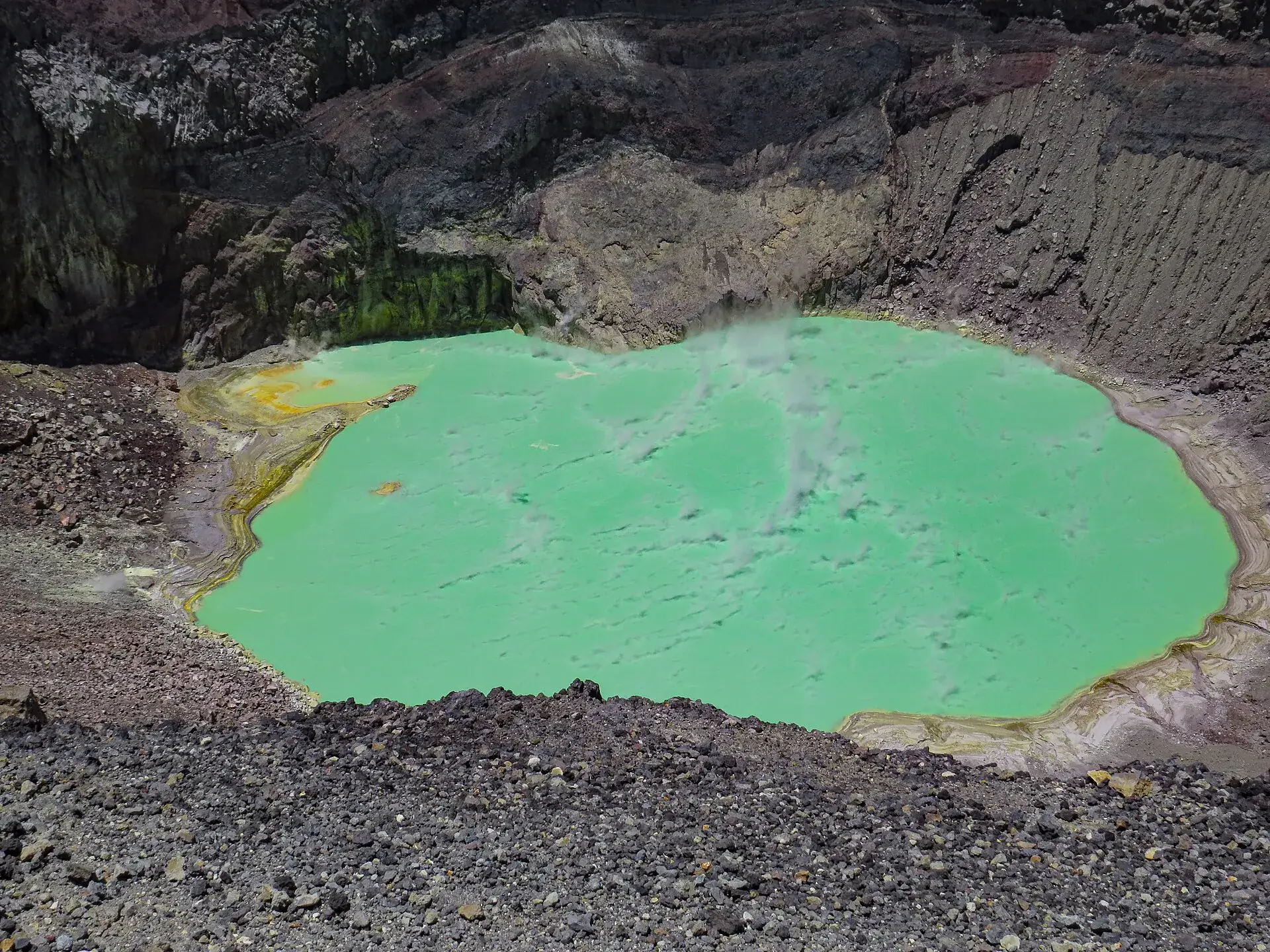 The acidic crater lake of Santa Ana Volcano in April 2026: pale green water, yellow sulfur edges, gray crater walls