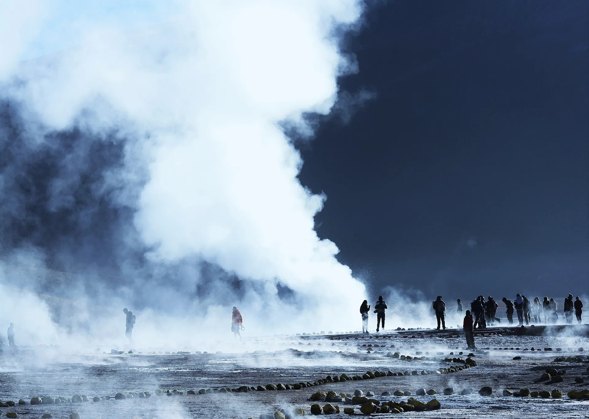 People in silhouette in the blue pre-dawn light at the El Tatio geyser field, dense columns of steam above the ground