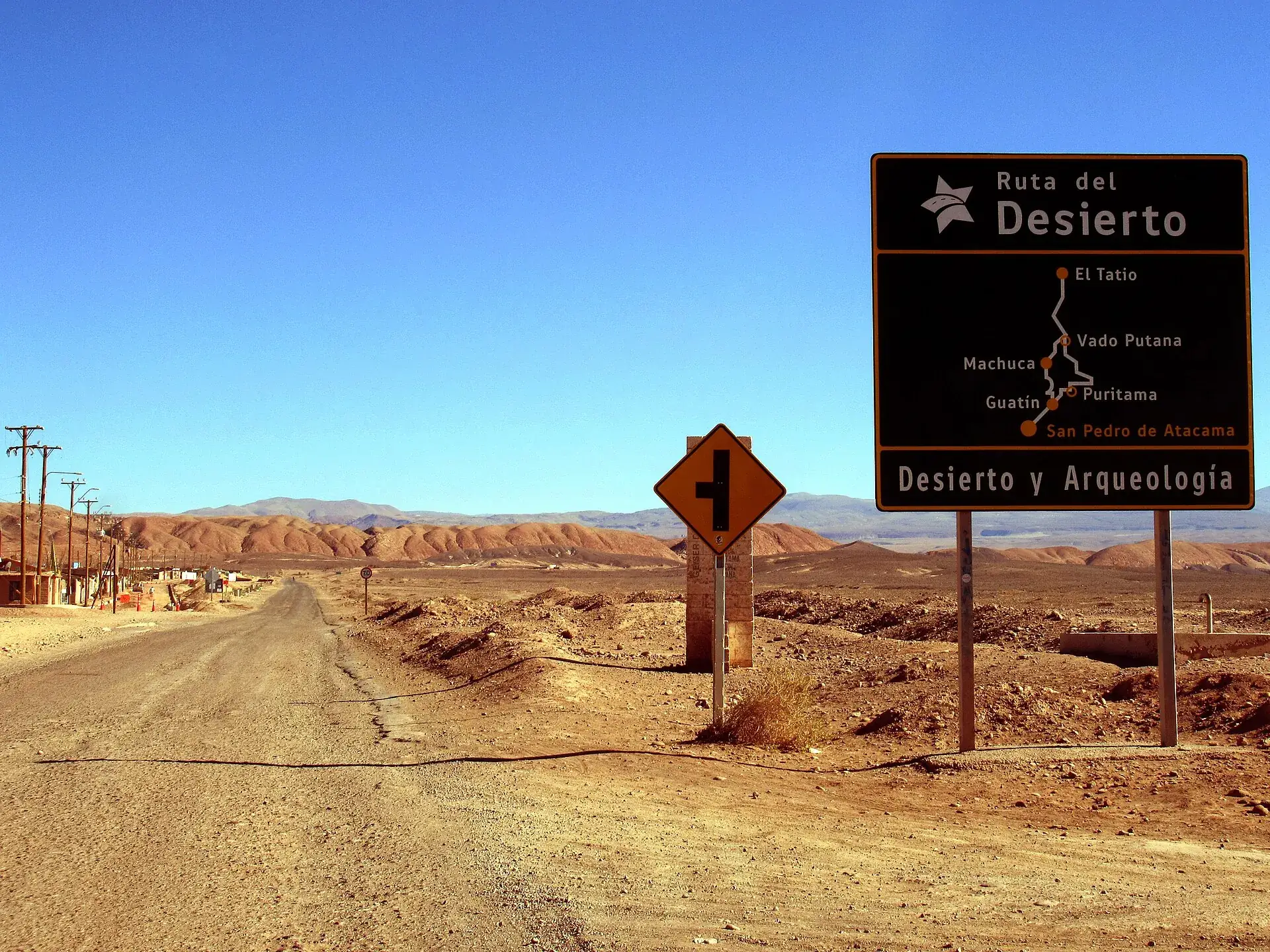 A “Ruta del Desierto” signpost on a gravel road near San Pedro de Atacama, listing the stages Guatín, Puritama, Machuca, El Tatio