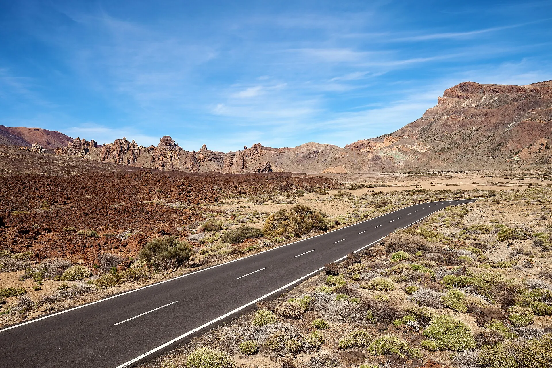 The TF-21 road running dead straight through the Las Cañadas caldera, the Roques de García on the right, the crater rim behind