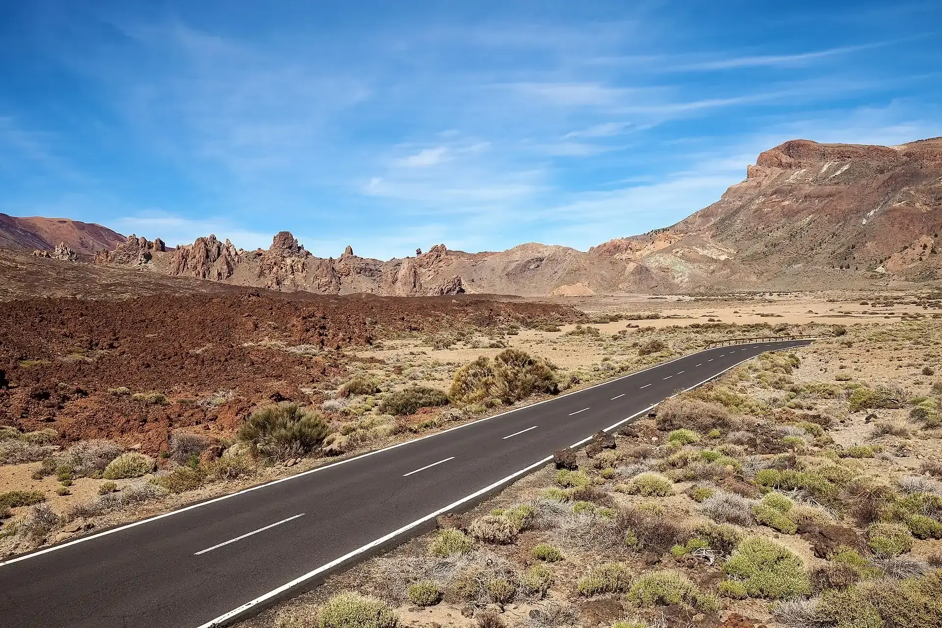 Die Straße TF-21 durch die Caldera von Las Cañadas, links die Roques de García, rechts die Wand des Guajara