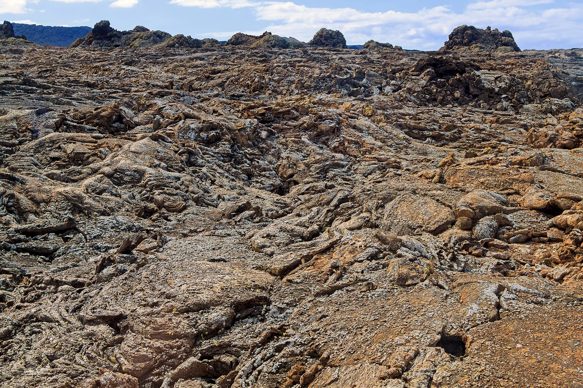 A field of twisted ropy-lava folds in brown and grey, like solidified dough