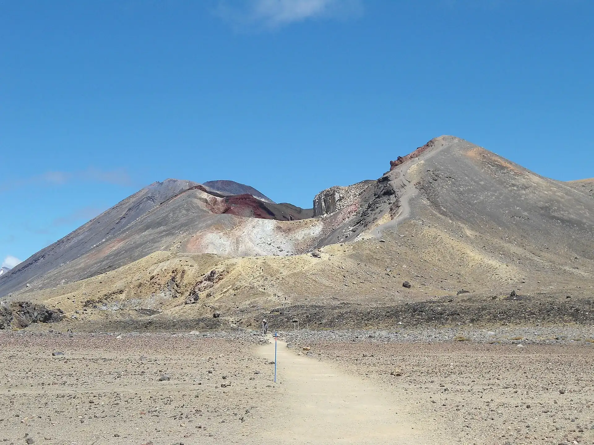 The Tongariro Alpine Crossing track crosses the flat Central Crater toward the Red Crater, with the cone of Ngāuruhoe behind it under a blue sky