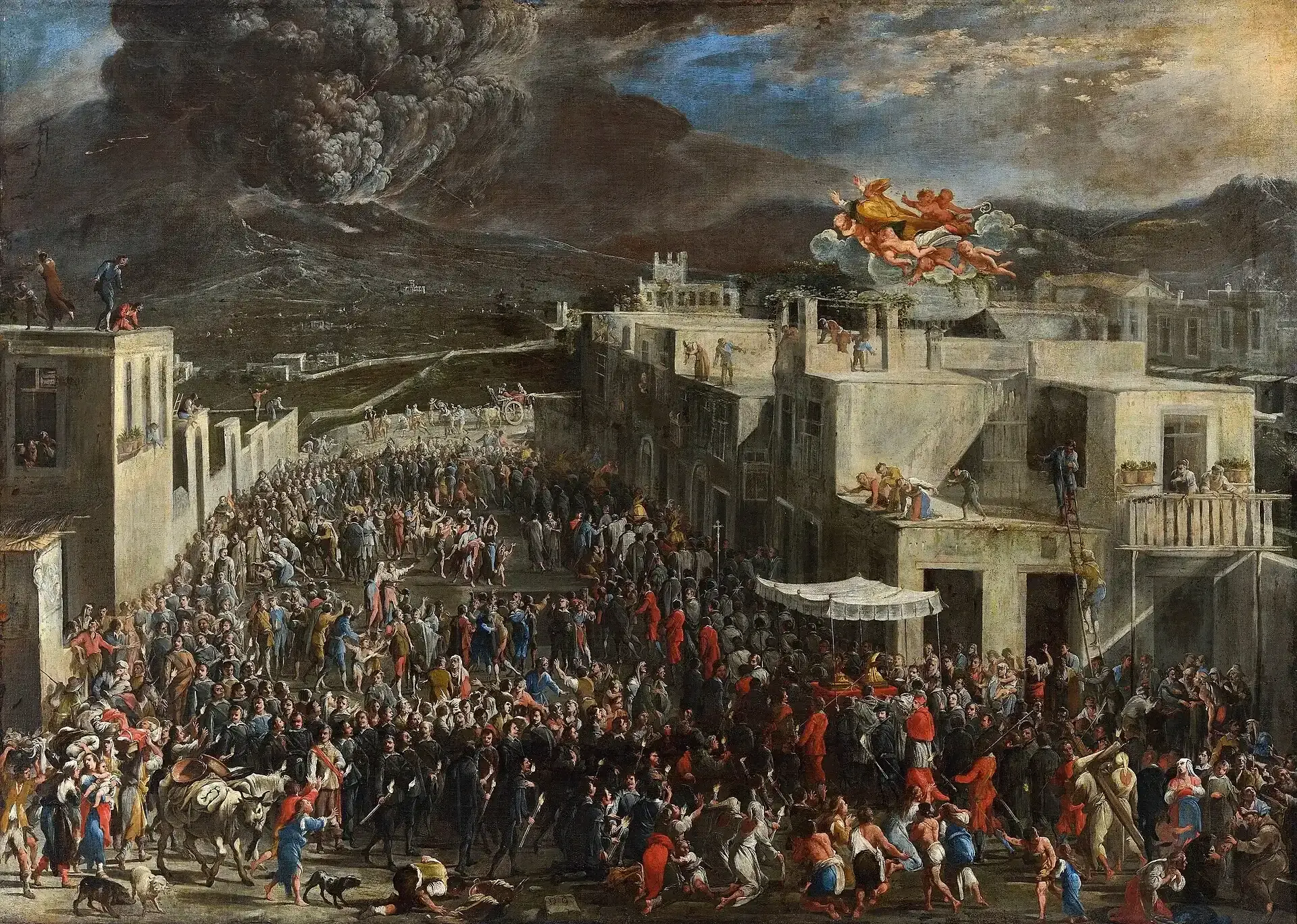 Painting by Domenico Gargiulo: procession in Naples during the Vesuvius eruption of 1631, the ash column in the background