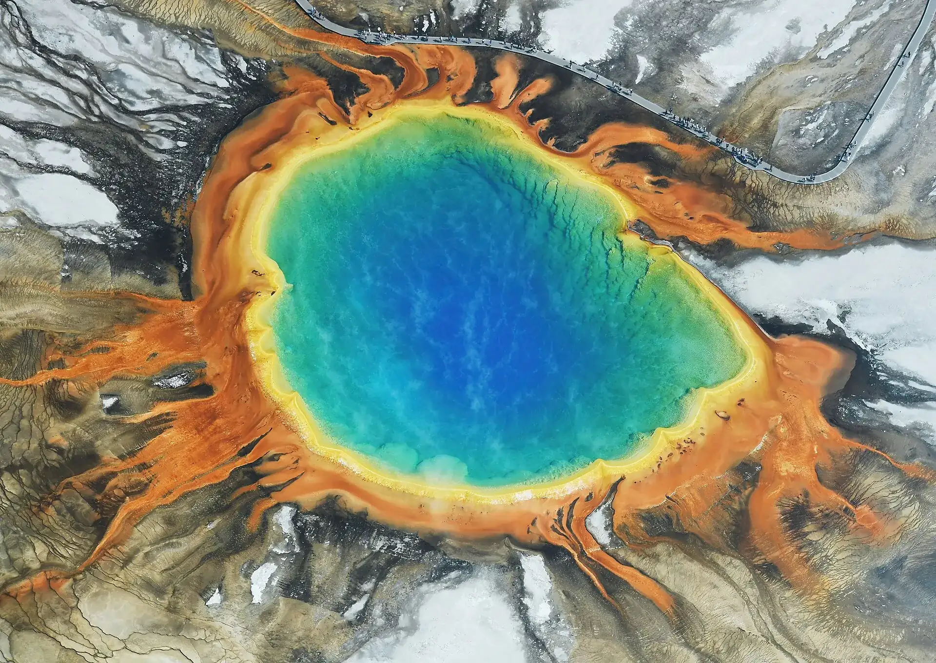 Die Grand Prismatic Spring im Yellowstone von oben: blaugrüner Kern, darum gelbe und orange Ringe aus Bakterienmatten